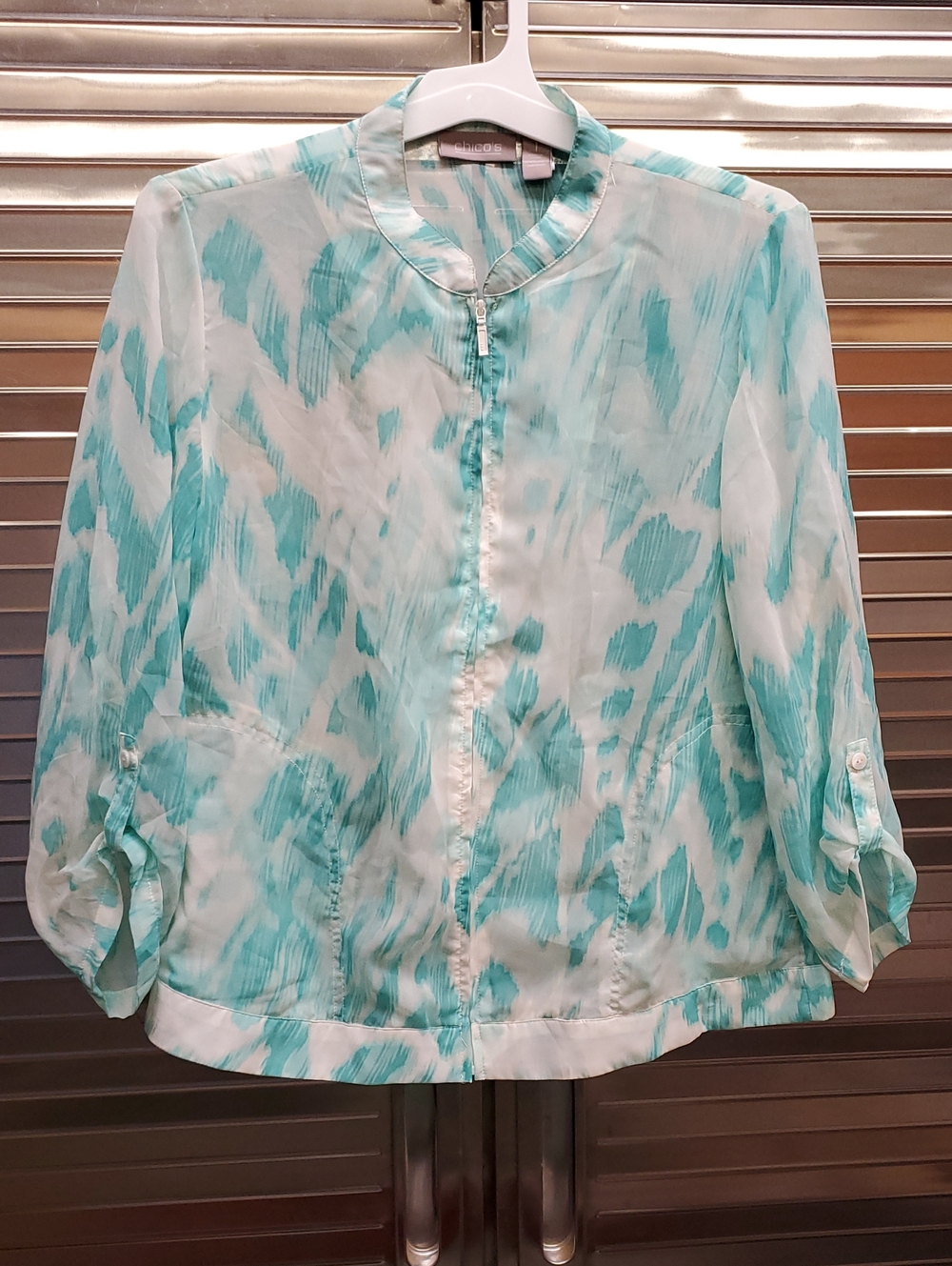 Chico's Aqua and White Sheer Zip-Front Blouse